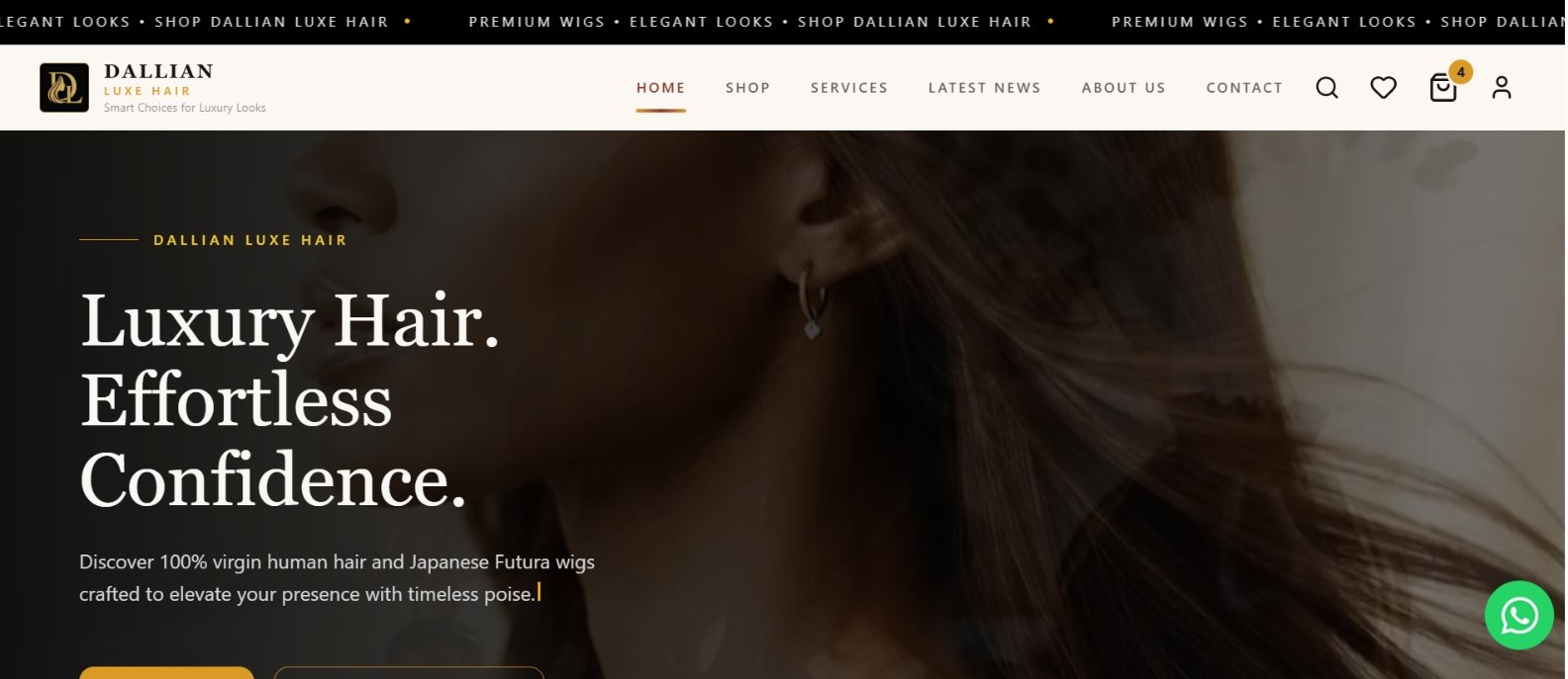 Screenshot of the Dallian Luxe Hair website